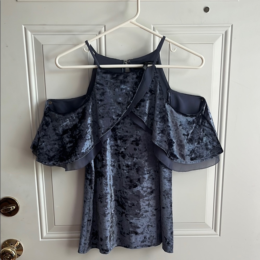 White House Black Market Velvet Blue Off the Shoulder Blouse